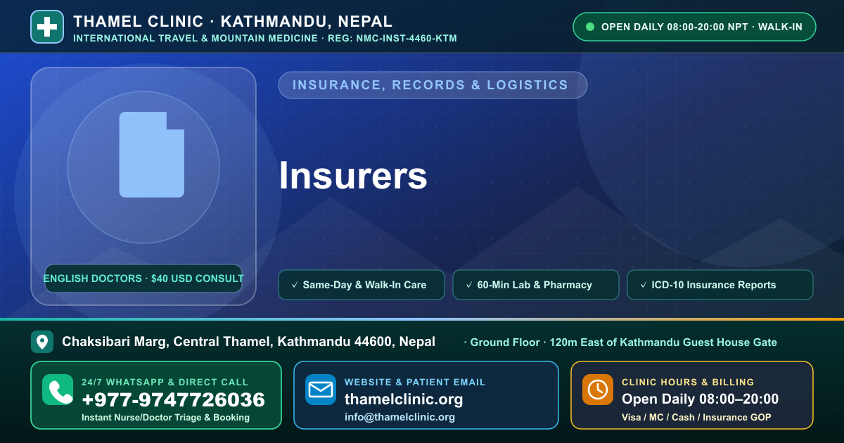 Insurers — Thamel Clinic, Chaksibari Marg, Central Thamel, Kathmandu — Call/WhatsApp +977-9747726036