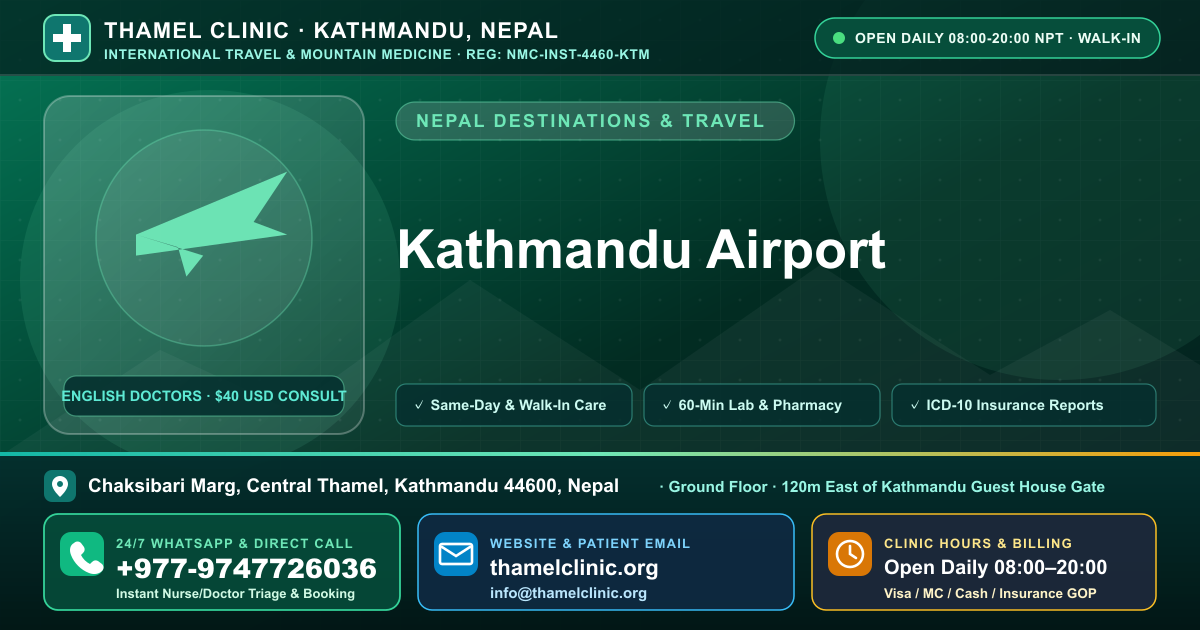 Kathmandu Airport — Thamel Clinic, Chaksibari Marg, Central Thamel, Kathmandu — Call/WhatsApp +977-9747726036