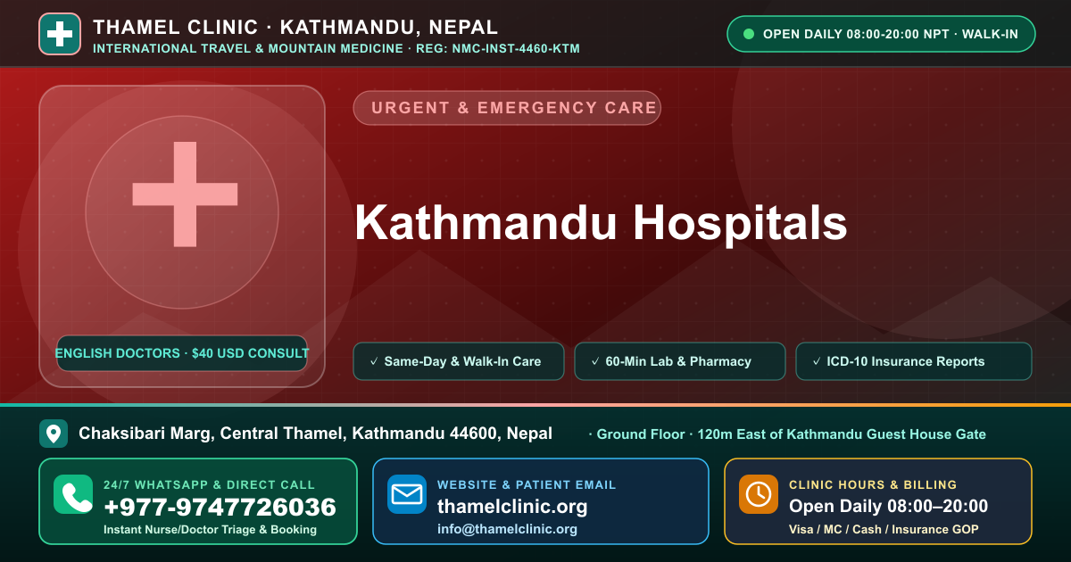 Kathmandu Hospitals — Thamel Clinic, Chaksibari Marg, Central Thamel, Kathmandu — Call/WhatsApp +977-9747726036