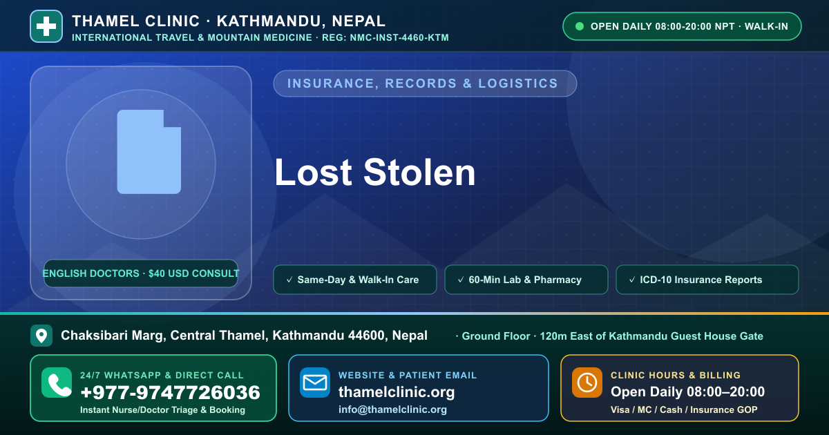 Lost Stolen — Thamel Clinic, Chaksibari Marg, Central Thamel, Kathmandu — Call/WhatsApp +977-9747726036