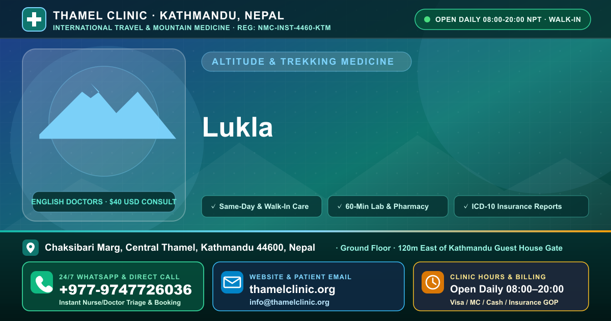 Lukla — Thamel Clinic, Chaksibari Marg, Central Thamel, Kathmandu — Call/WhatsApp +977-9747726036