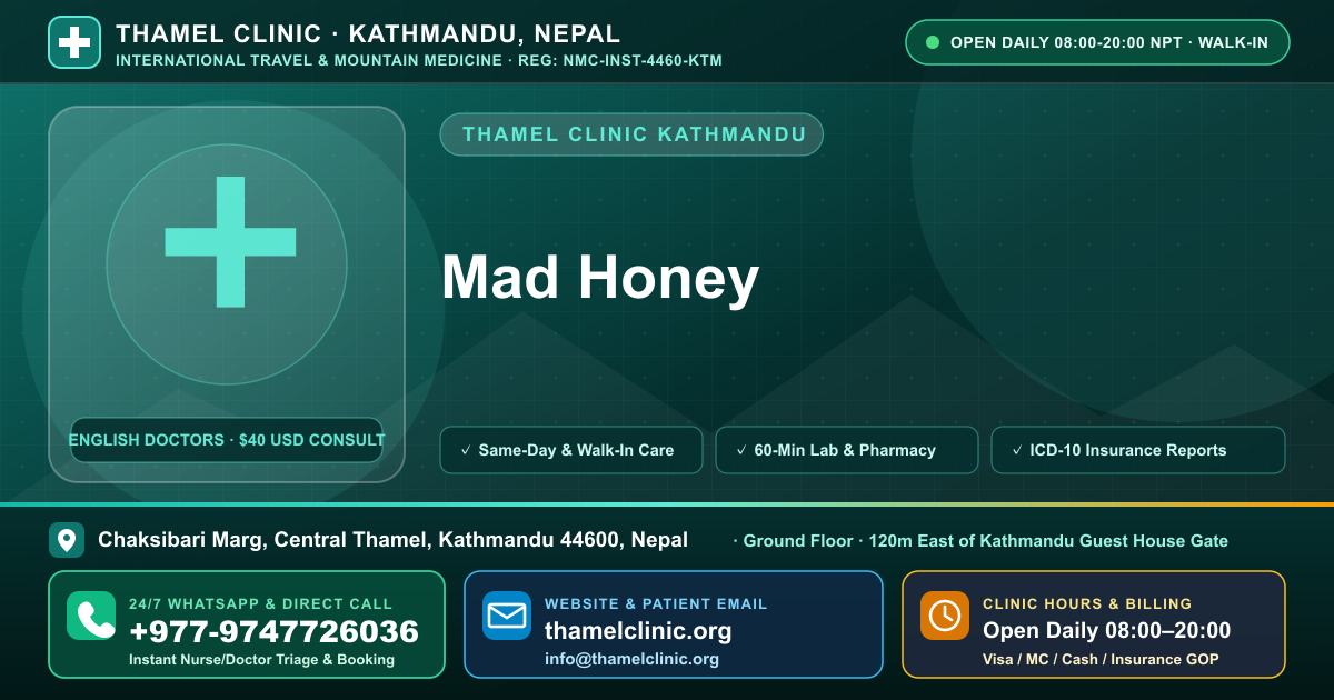 Mad Honey — Thamel Clinic, Chaksibari Marg, Central Thamel, Kathmandu — Call/WhatsApp +977-9747726036
