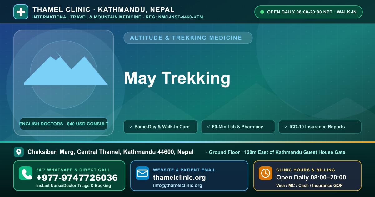 May Trekking — Thamel Clinic, Chaksibari Marg, Central Thamel, Kathmandu — Call/WhatsApp +977-9747726036