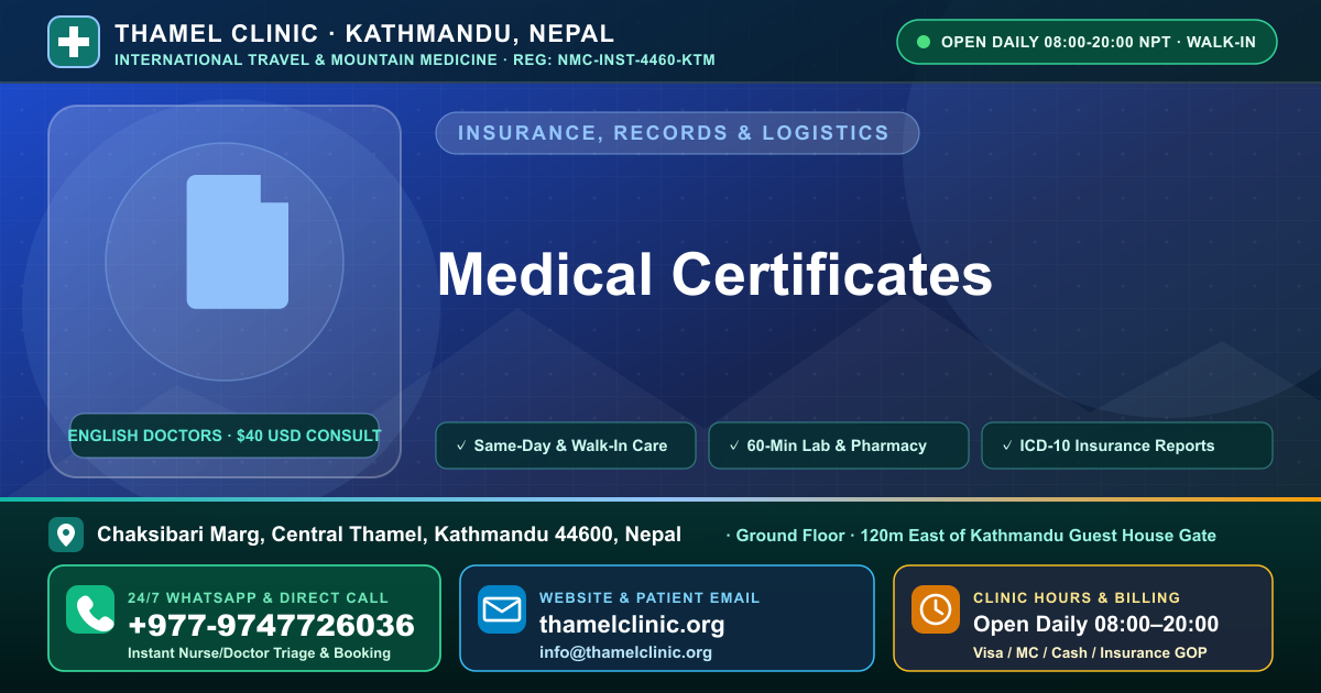 Medical Certificates — Thamel Clinic, Chaksibari Marg, Central Thamel, Kathmandu — Call/WhatsApp +977-9747726036