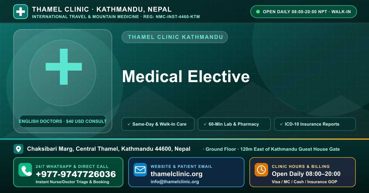 Medical Elective — Thamel Clinic, Chaksibari Marg, Central Thamel, Kathmandu — Call/WhatsApp +977-9747726036