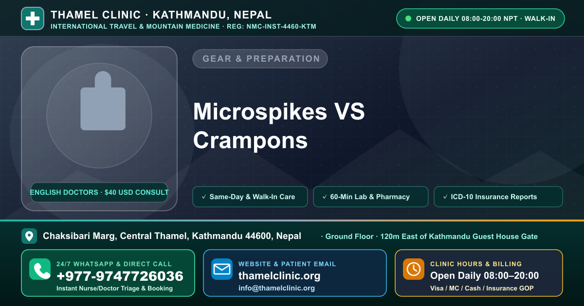 Microspikes VS Crampons — Thamel Clinic, Chaksibari Marg, Central Thamel, Kathmandu — Call/WhatsApp +977-9747726036
