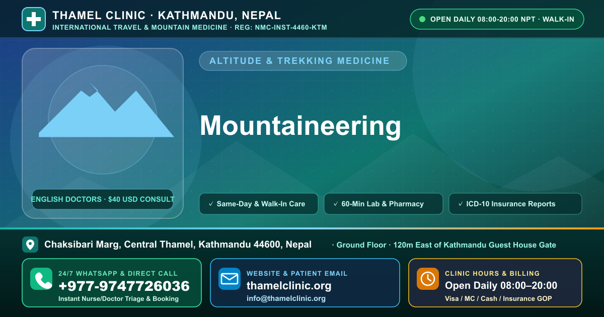 Mountaineering — Thamel Clinic, Chaksibari Marg, Central Thamel, Kathmandu — Call/WhatsApp +977-9747726036