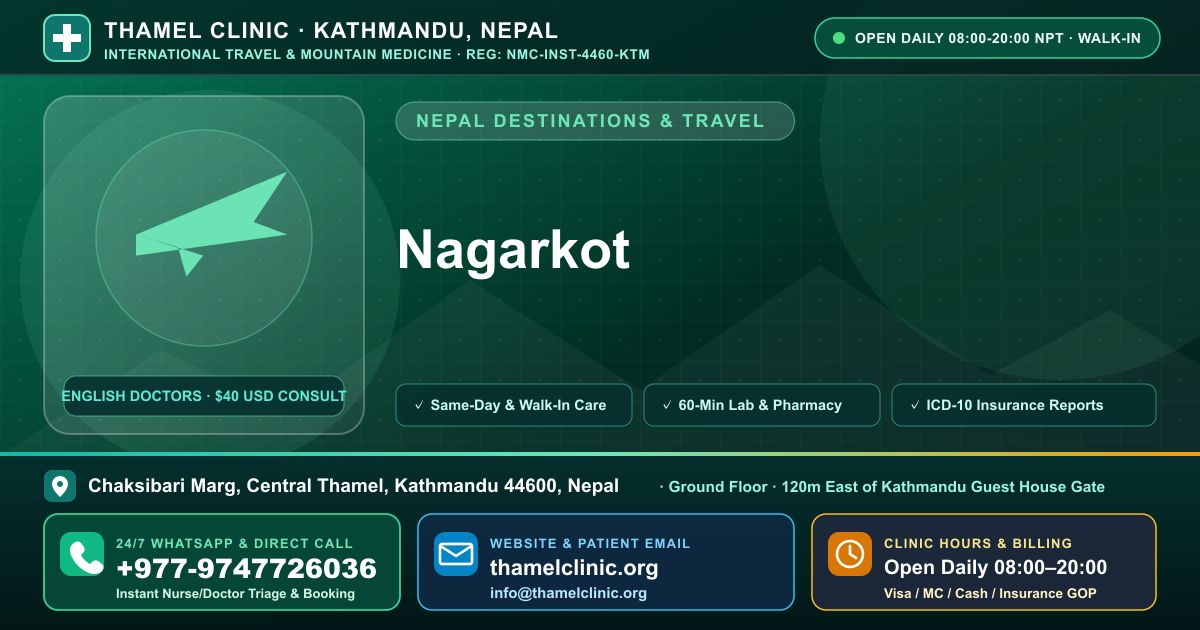 Nagarkot — Thamel Clinic, Chaksibari Marg, Central Thamel, Kathmandu — Call/WhatsApp +977-9747726036