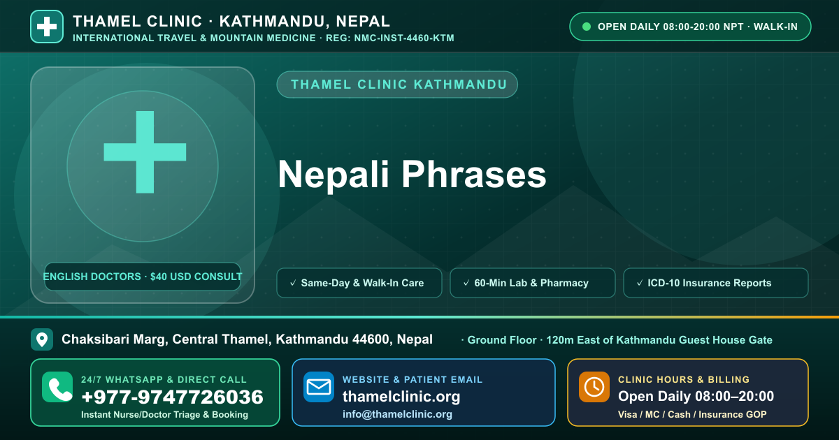 Nepali Phrases — Thamel Clinic, Chaksibari Marg, Central Thamel, Kathmandu — Call/WhatsApp +977-9747726036