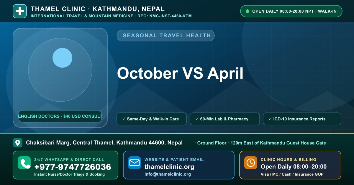 October VS April — Thamel Clinic, Chaksibari Marg, Central Thamel, Kathmandu — Call/WhatsApp +977-9747726036