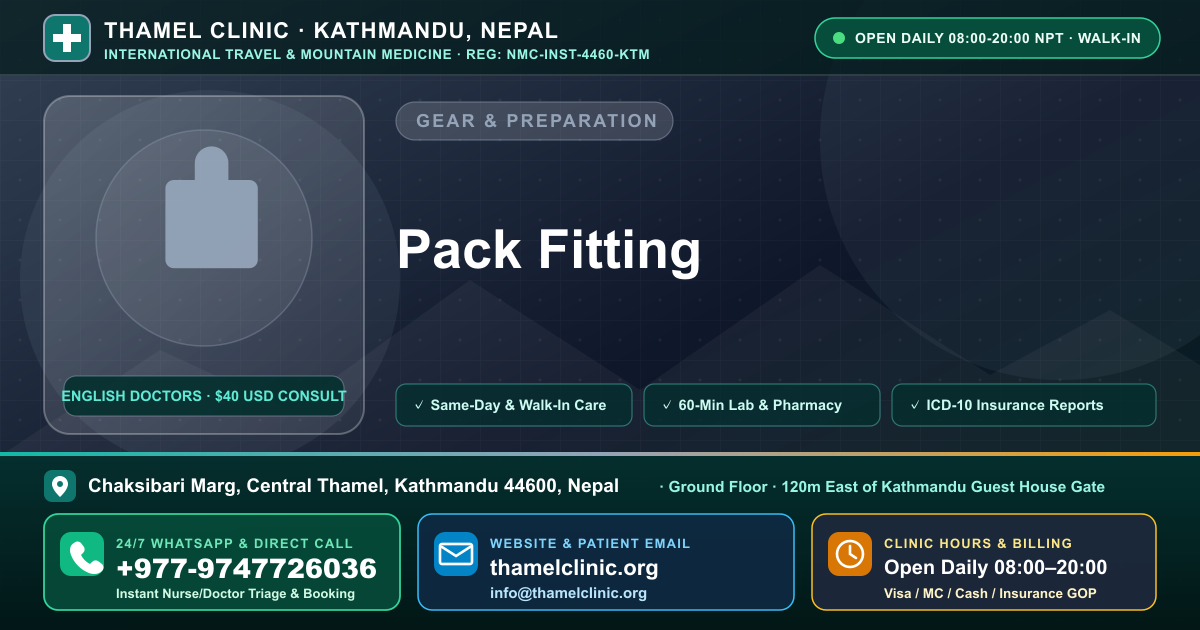 Pack Fitting — Thamel Clinic, Chaksibari Marg, Central Thamel, Kathmandu — Call/WhatsApp +977-9747726036