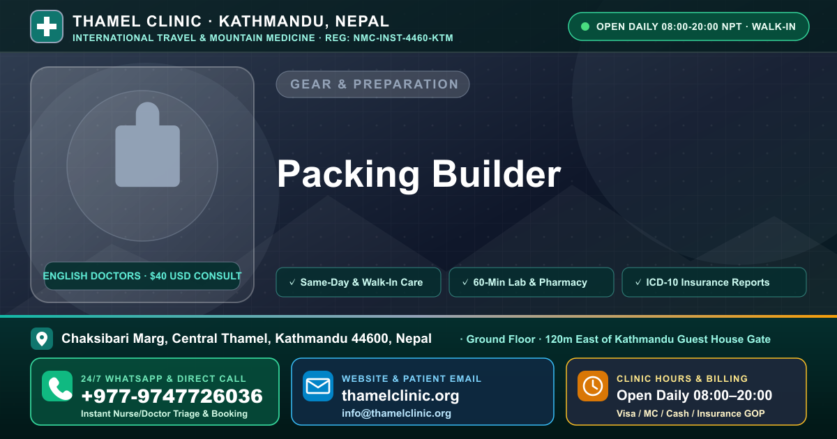 Packing Builder — Thamel Clinic, Chaksibari Marg, Central Thamel, Kathmandu — Call/WhatsApp +977-9747726036