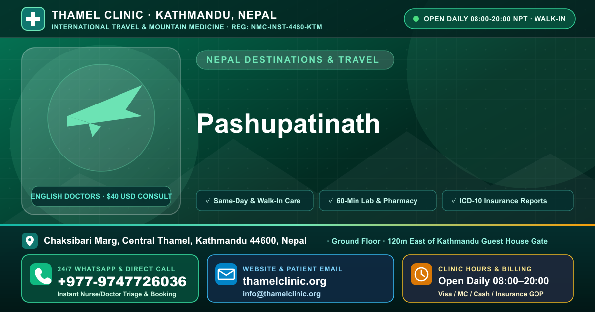 Pashupatinath — Thamel Clinic, Chaksibari Marg, Central Thamel, Kathmandu — Call/WhatsApp +977-9747726036