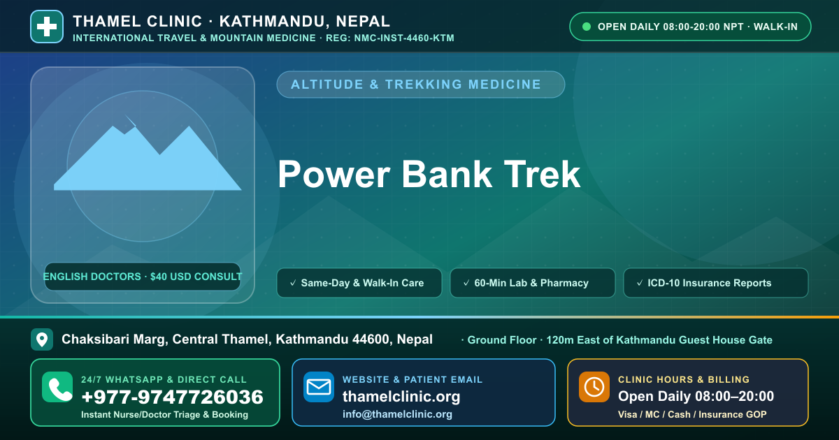 Power Bank Trek — Thamel Clinic, Chaksibari Marg, Central Thamel, Kathmandu — Call/WhatsApp +977-9747726036