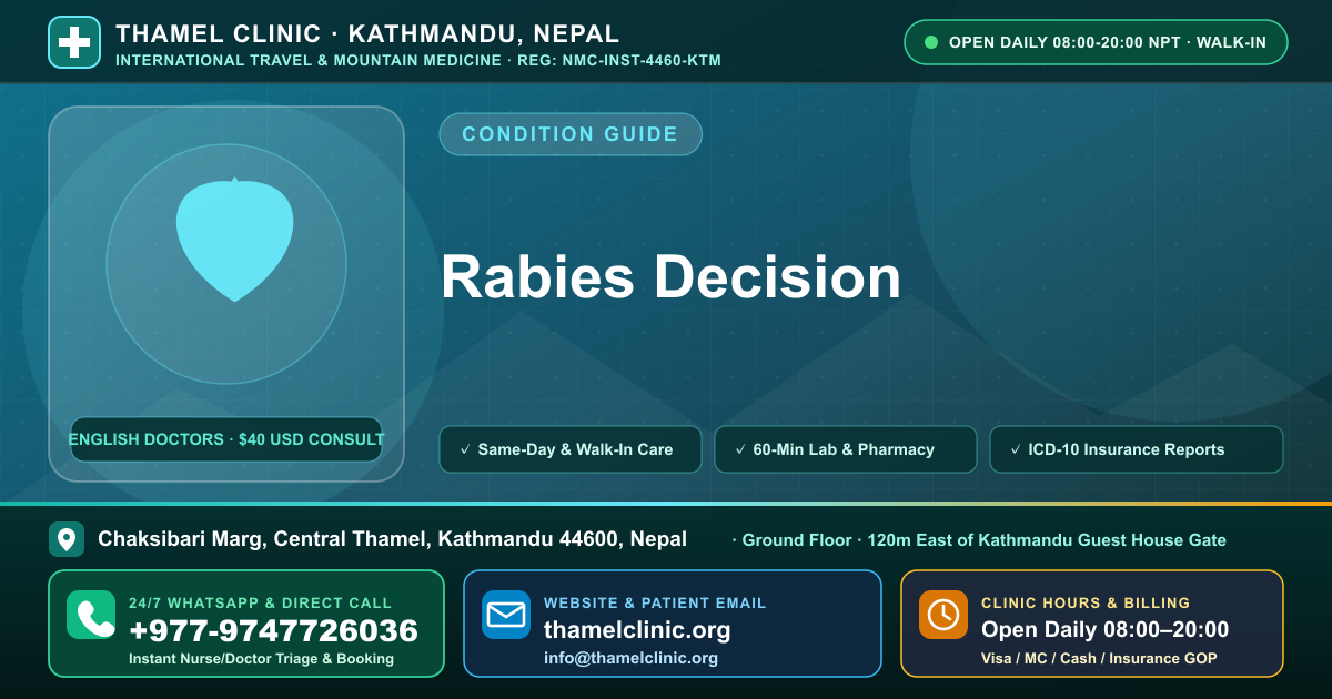 Rabies Decision — Thamel Clinic, Chaksibari Marg, Central Thamel, Kathmandu — Call/WhatsApp +977-9747726036
