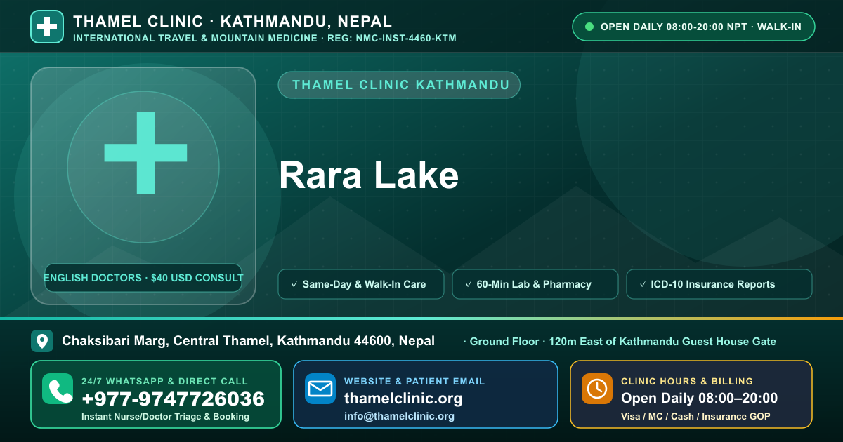 Rara Lake — Thamel Clinic, Chaksibari Marg, Central Thamel, Kathmandu — Call/WhatsApp +977-9747726036
