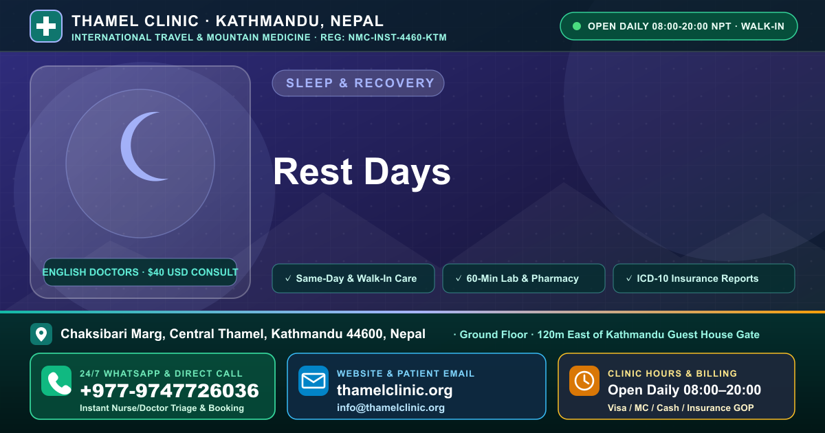 Rest Days — Thamel Clinic, Chaksibari Marg, Central Thamel, Kathmandu — Call/WhatsApp +977-9747726036