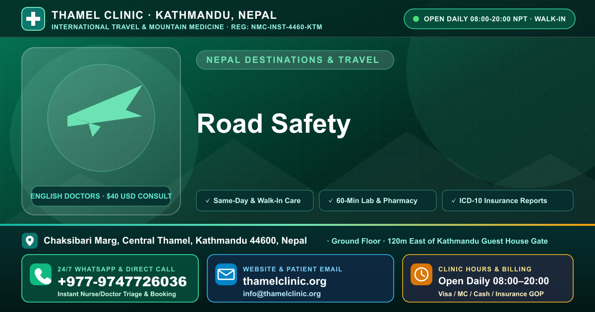 Road Safety — Thamel Clinic, Chaksibari Marg, Central Thamel, Kathmandu — Call/WhatsApp +977-9747726036