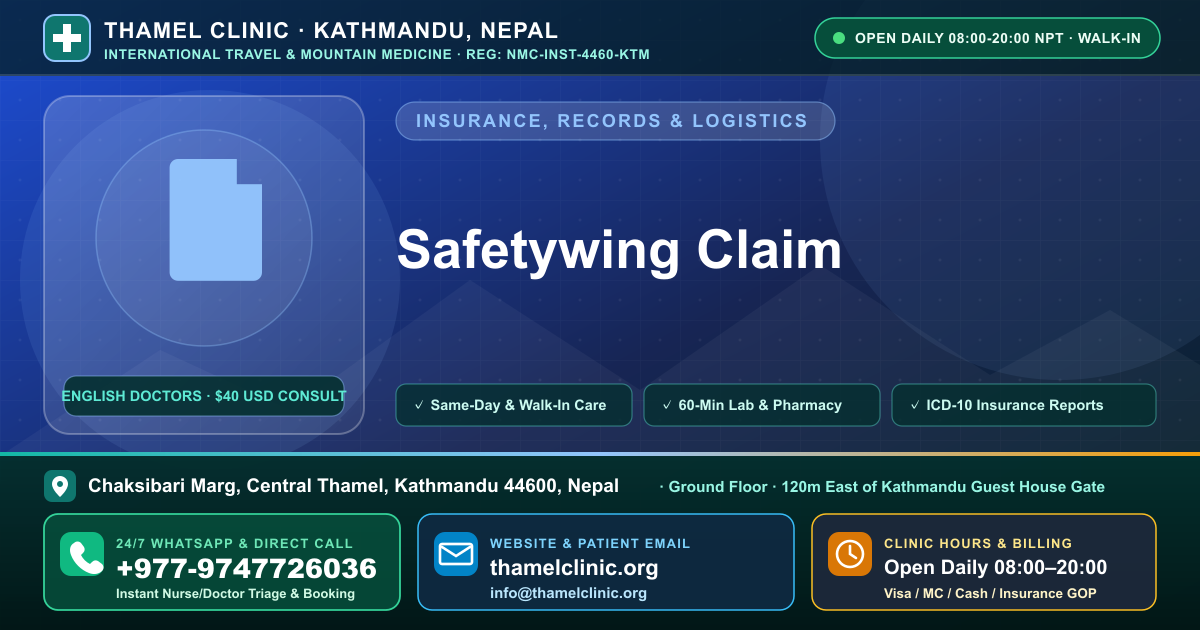 Safetywing Claim — Thamel Clinic, Chaksibari Marg, Central Thamel, Kathmandu — Call/WhatsApp +977-9747726036