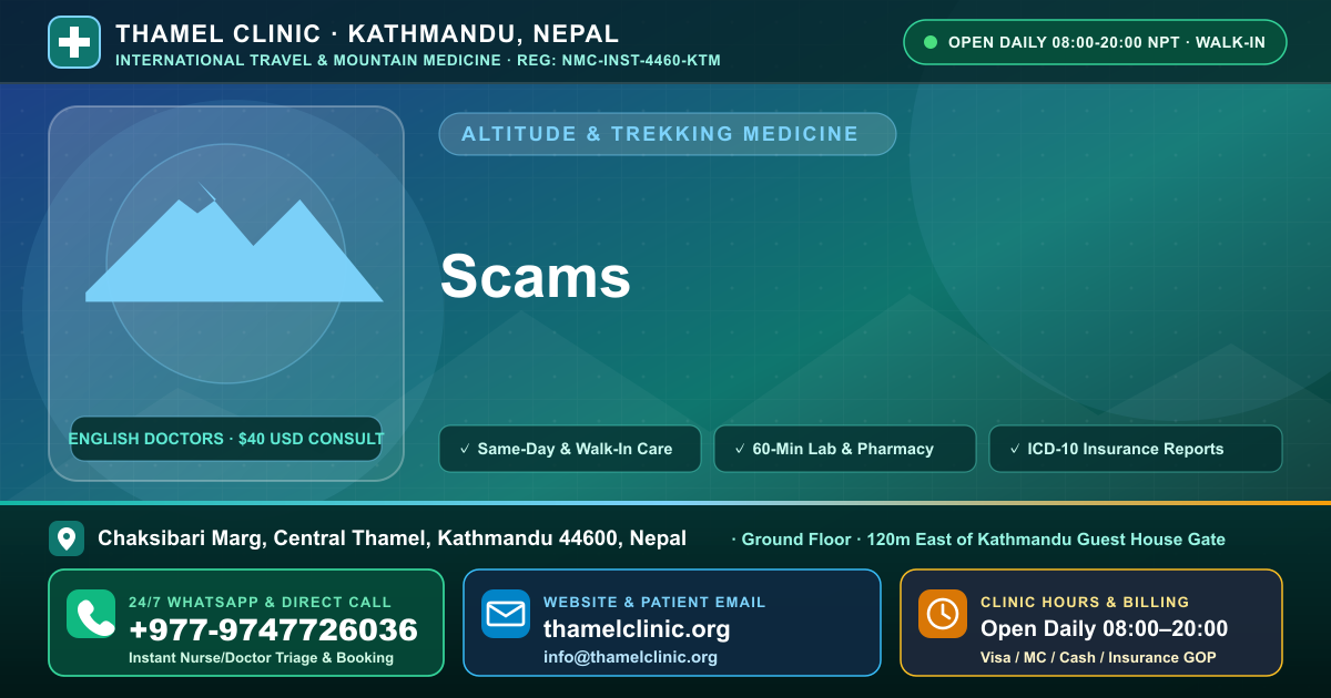 Scams — Thamel Clinic, Chaksibari Marg, Central Thamel, Kathmandu — Call/WhatsApp +977-9747726036