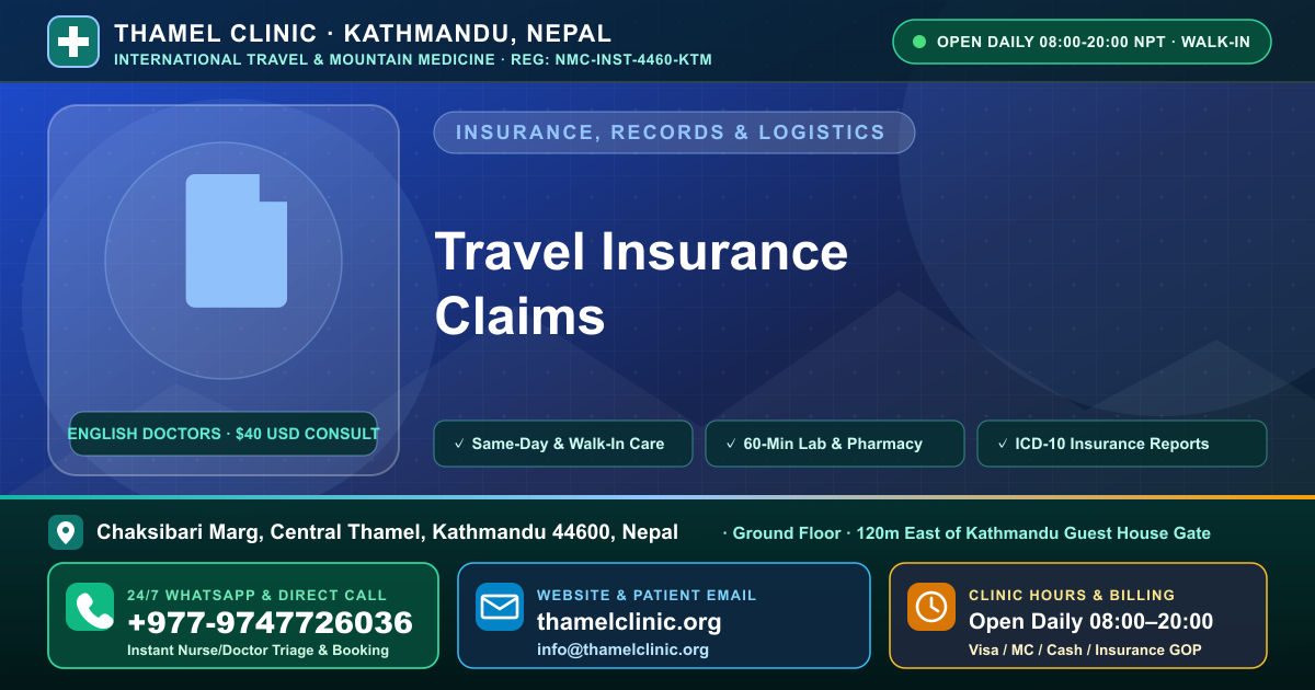 Travel Insurance Claims — Thamel Clinic, Chaksibari Marg, Central Thamel, Kathmandu — Call/WhatsApp +977-9747726036