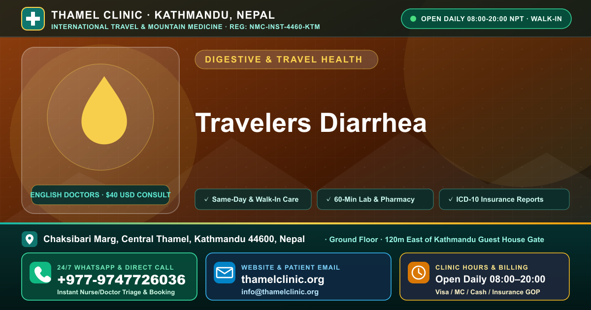 Travelers Diarrhea — Thamel Clinic, Chaksibari Marg, Central Thamel, Kathmandu — Call/WhatsApp +977-9747726036