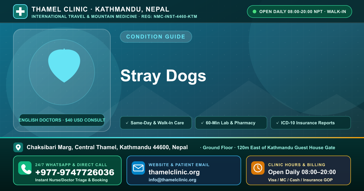 Stray Dogs — Thamel Clinic, Chaksibari Marg, Central Thamel, Kathmandu — Call/WhatsApp +977-9747726036