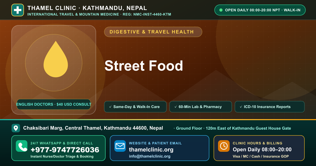 Street Food — Thamel Clinic, Chaksibari Marg, Central Thamel, Kathmandu — Call/WhatsApp +977-9747726036