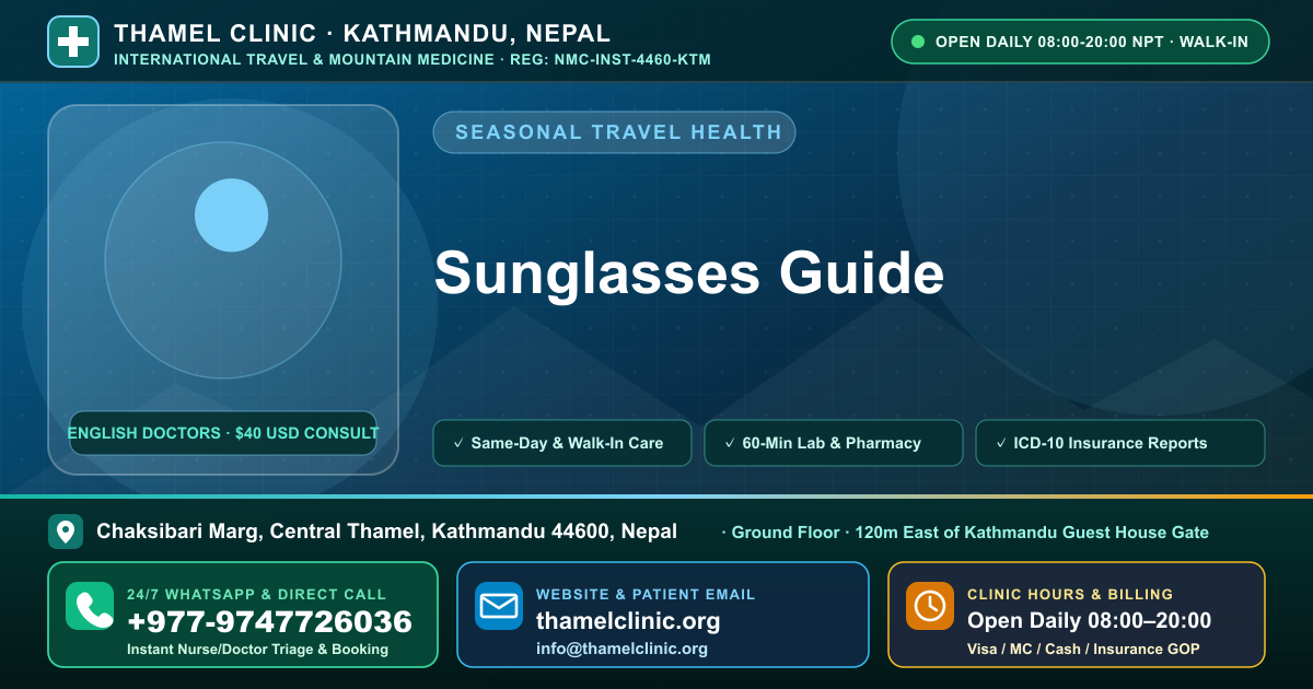 Sunglasses Guide — Thamel Clinic, Chaksibari Marg, Central Thamel, Kathmandu — Call/WhatsApp +977-9747726036