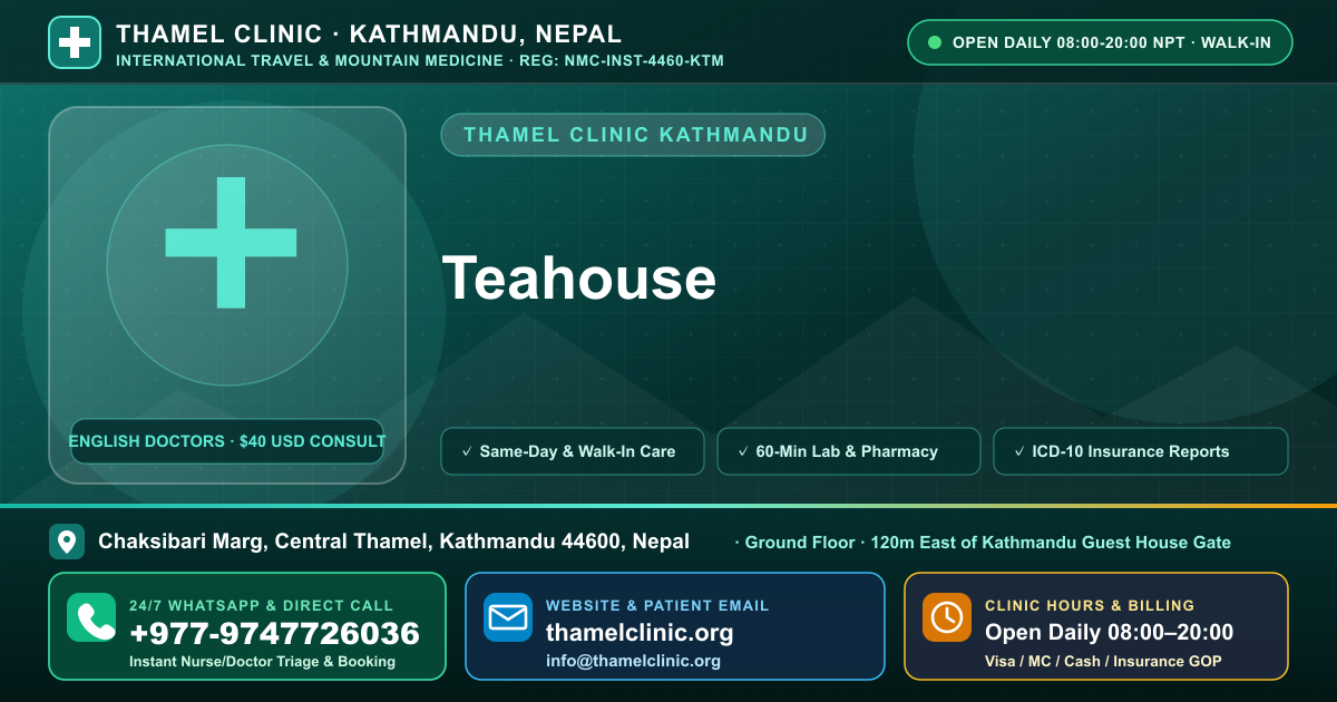 Teahouse — Thamel Clinic, Chaksibari Marg, Central Thamel, Kathmandu — Call/WhatsApp +977-9747726036