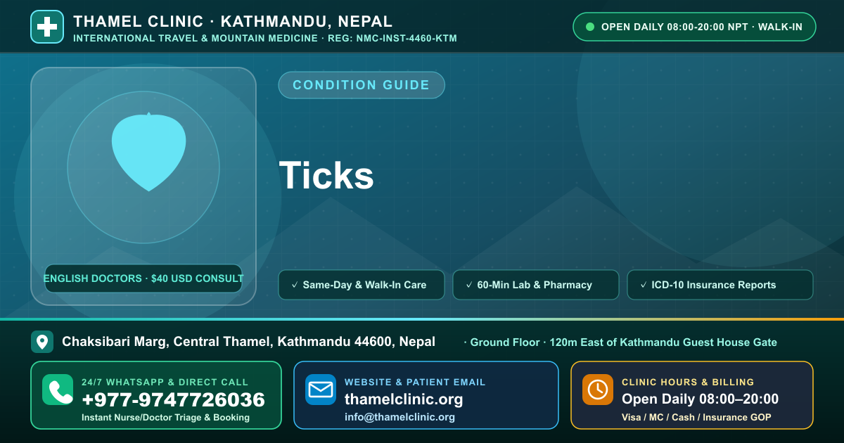 Ticks — Thamel Clinic, Chaksibari Marg, Central Thamel, Kathmandu — Call/WhatsApp +977-9747726036
