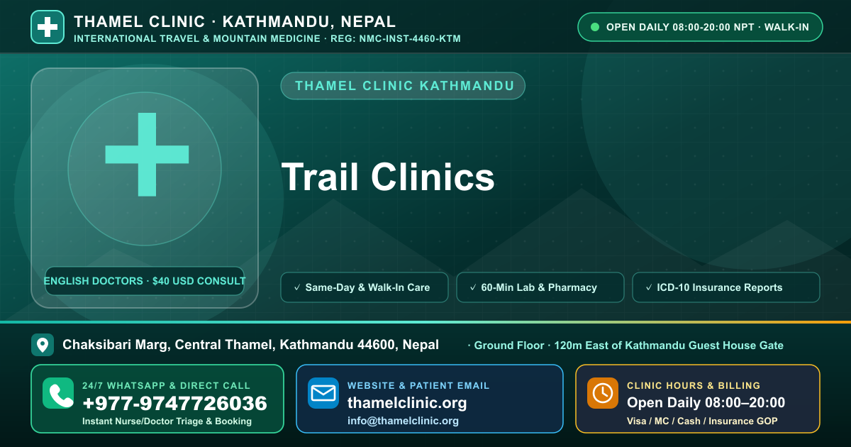 Trail Clinics — Thamel Clinic, Chaksibari Marg, Central Thamel, Kathmandu — Call/WhatsApp +977-9747726036