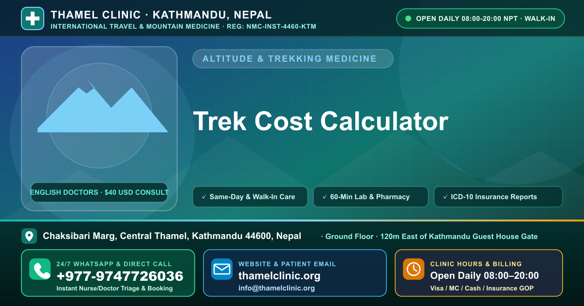 Trek Cost Calculator — Thamel Clinic, Chaksibari Marg, Central Thamel, Kathmandu — Call/WhatsApp +977-9747726036
