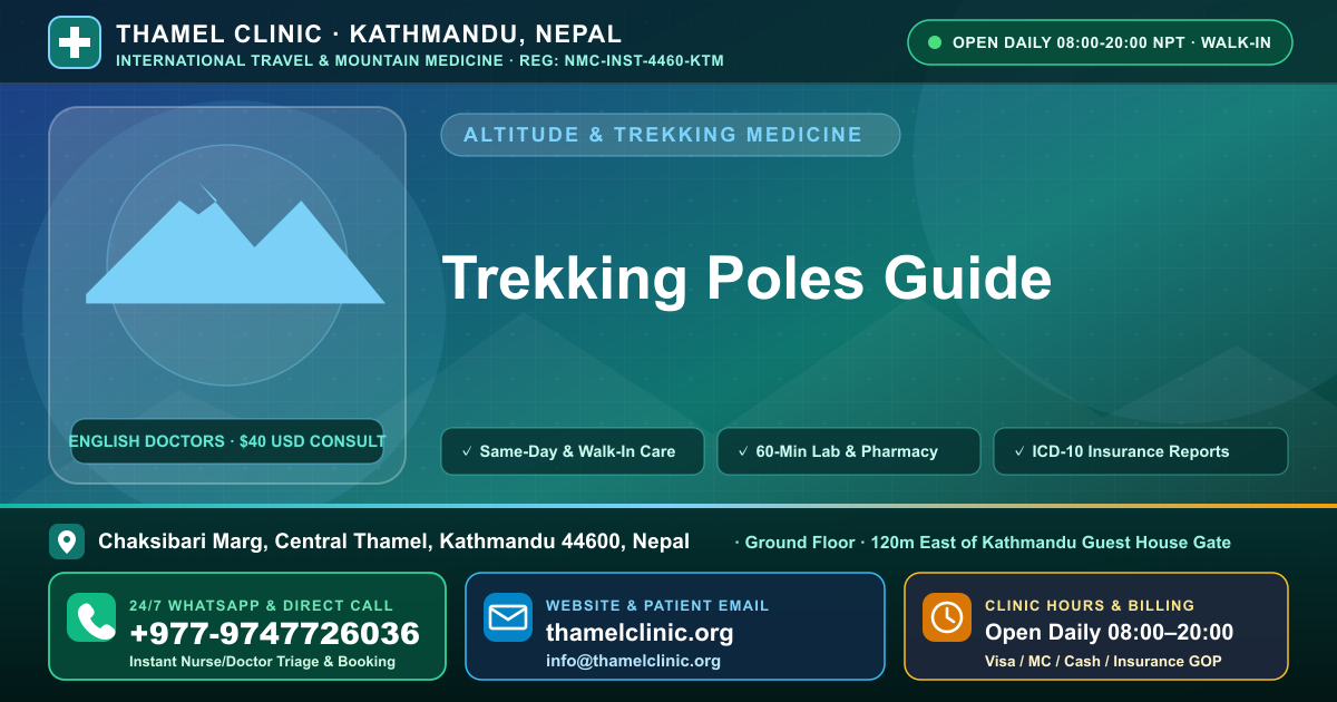 Trekking Poles Guide — Thamel Clinic, Chaksibari Marg, Central Thamel, Kathmandu — Call/WhatsApp +977-9747726036