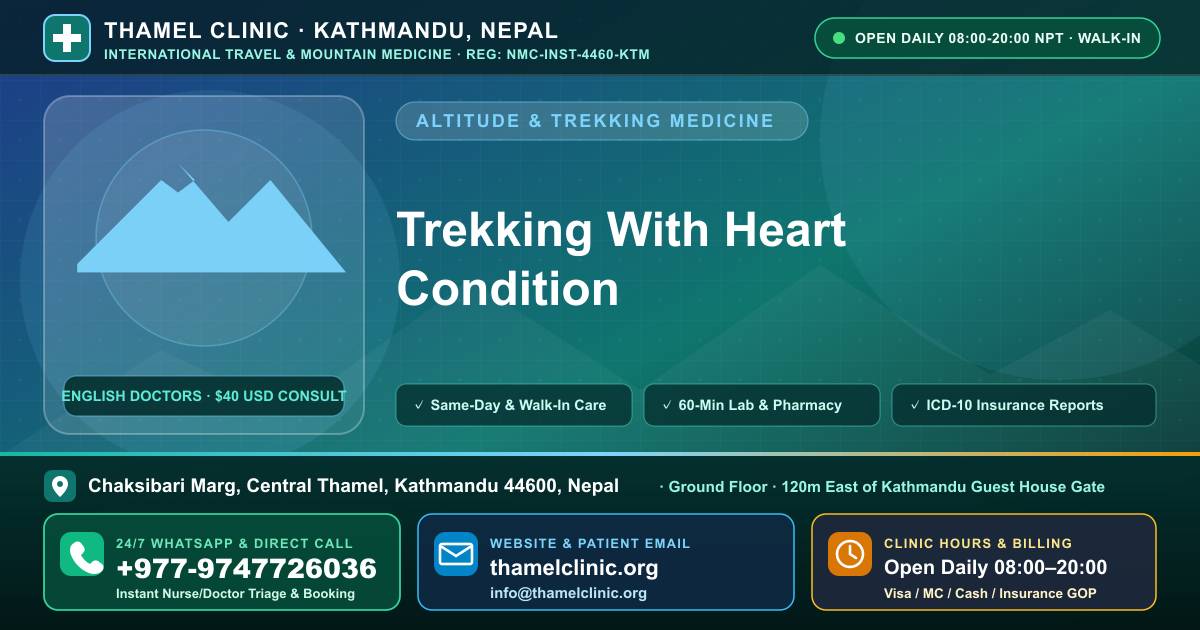 Trekking With Heart Condition — Thamel Clinic, Chaksibari Marg, Central Thamel, Kathmandu — Call/WhatsApp +977-9747726036
