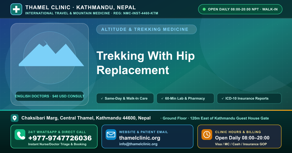 Trekking With Hip Replacement — Thamel Clinic, Chaksibari Marg, Central Thamel, Kathmandu — Call/WhatsApp +977-9747726036