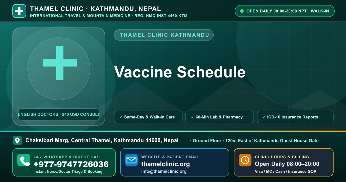 Vaccine Schedule — Thamel Clinic, Chaksibari Marg, Central Thamel, Kathmandu — Call/WhatsApp +977-9747726036