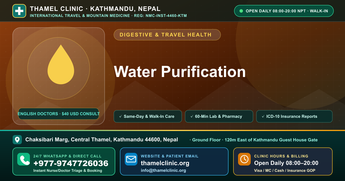 Water Purification — Thamel Clinic, Chaksibari Marg, Central Thamel, Kathmandu — Call/WhatsApp +977-9747726036