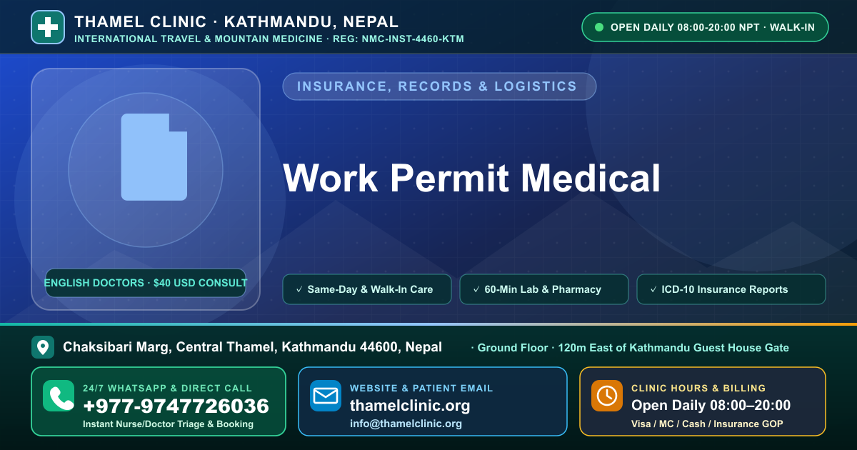 Work Permit Medical — Thamel Clinic, Chaksibari Marg, Central Thamel, Kathmandu — Call/WhatsApp +977-9747726036