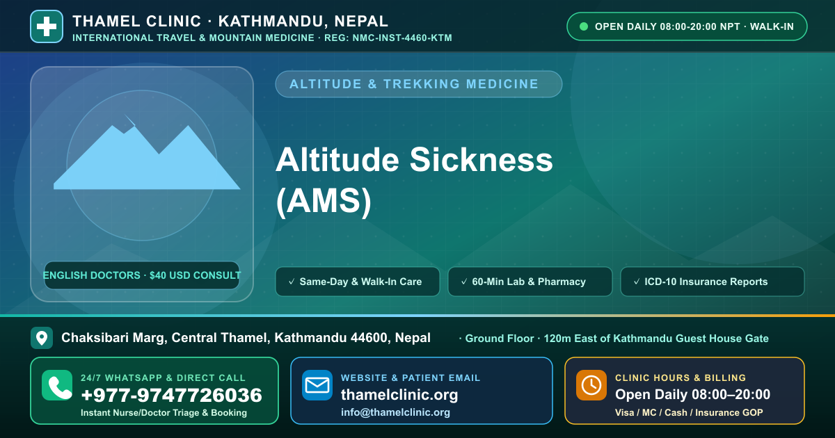 Altitude Sickness (AMS) — Thamel Clinic, Chaksibari Marg, Central Thamel, Kathmandu — Call/WhatsApp +977-9747726036