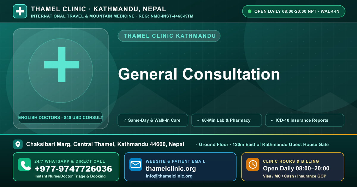 General Consultation — Thamel Clinic, Chaksibari Marg, Central Thamel, Kathmandu — Call/WhatsApp +977-9747726036