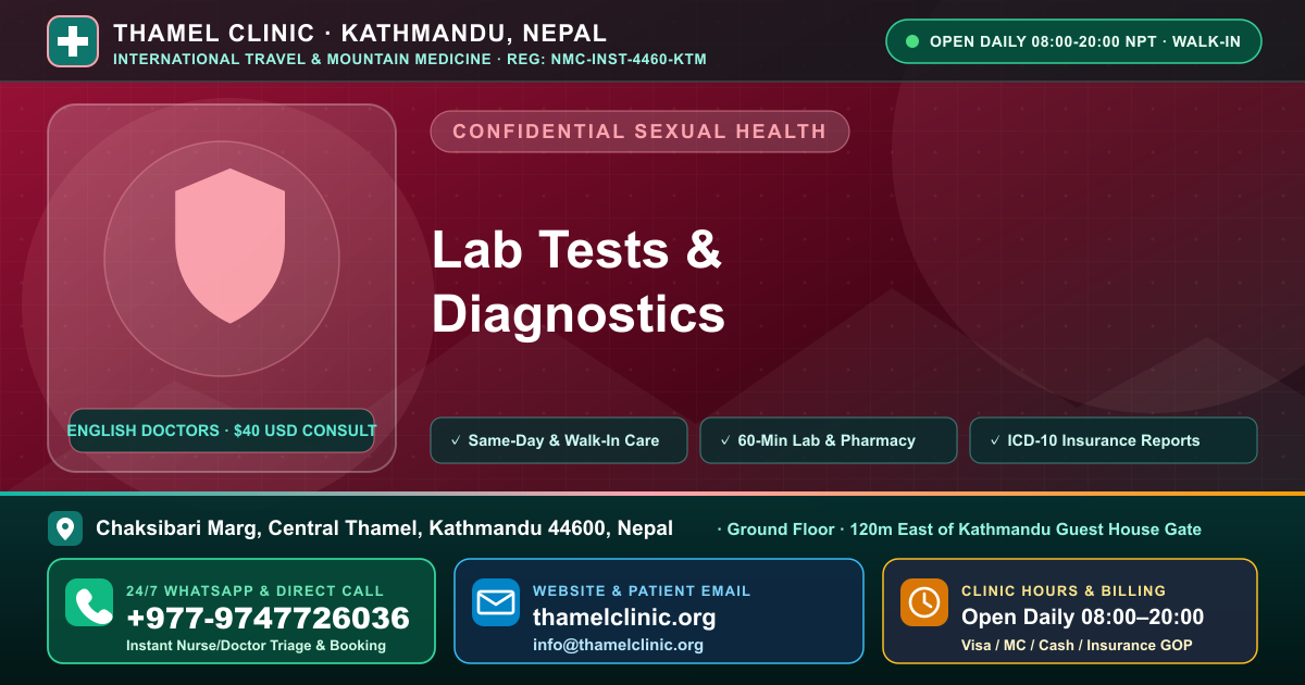 Lab Tests & Diagnostics — Thamel Clinic, Chaksibari Marg, Central Thamel, Kathmandu — Call/WhatsApp +977-9747726036