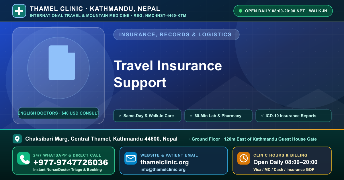 Travel Insurance Support — Thamel Clinic, Chaksibari Marg, Central Thamel, Kathmandu — Call/WhatsApp +977-9747726036
