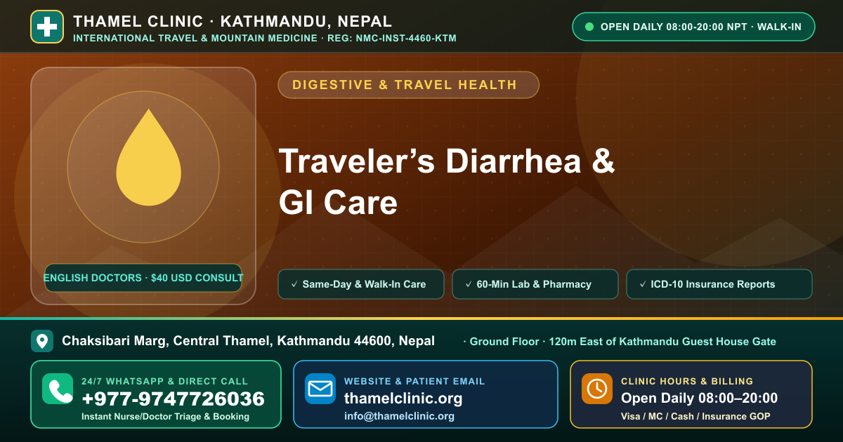 Traveler’s Diarrhea & GI Care — Thamel Clinic, Chaksibari Marg, Central Thamel, Kathmandu — Call/WhatsApp +977-9747726036