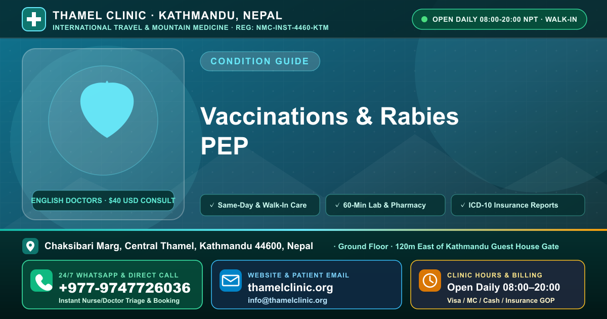 Vaccinations & Rabies PEP — Thamel Clinic, Chaksibari Marg, Central Thamel, Kathmandu — Call/WhatsApp +977-9747726036
