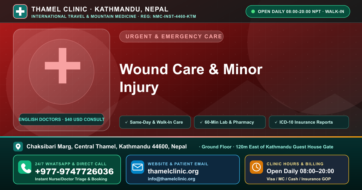 Wound Care & Minor Injury — Thamel Clinic, Chaksibari Marg, Central Thamel, Kathmandu — Call/WhatsApp +977-9747726036
